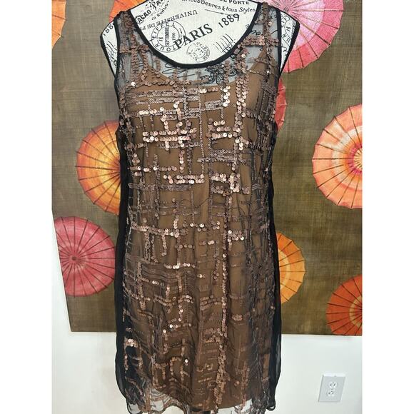 Simply Vera Black Overlay Bronze Sequins Party Dress Modern Elegance Partywear S - Picture 6 of 7